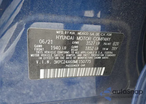 2021 Hyundai Accent Se z USA, uszkodzony, nr VIN 3KPC24A68ME150775